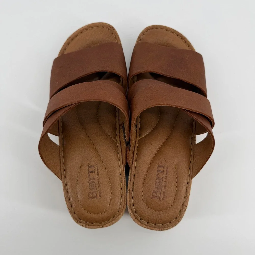 Born Brown Leather Cork Wedge Slide Sandals